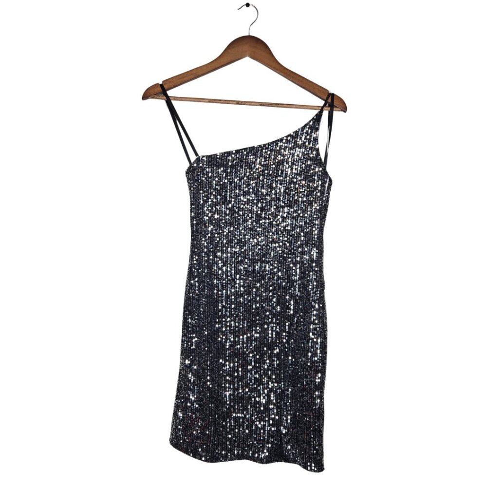 Crystal Sky Silver Sequin One Shoulder Mini Dress
